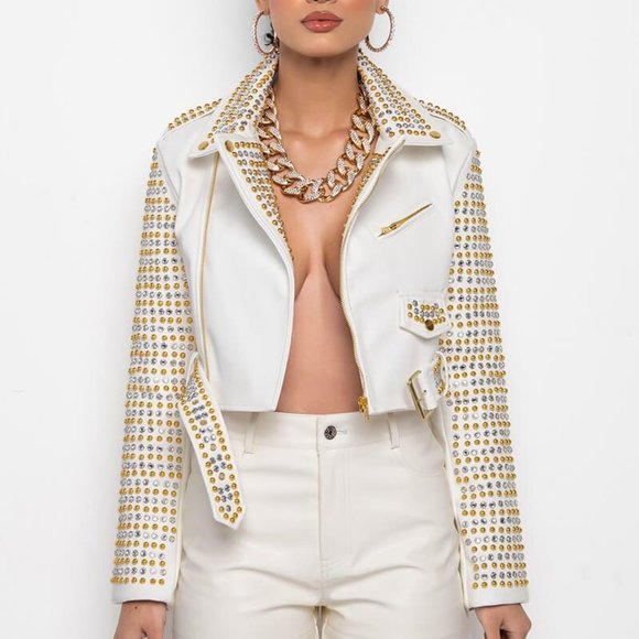 Callie Lives White Gold Azalea Wang Ivory l Studded Rhinestone Moto Jacket Large - Picture 4 of 8